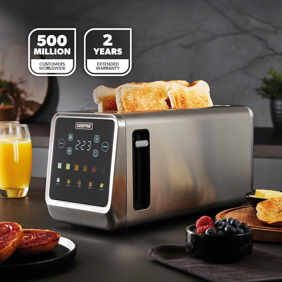GEEPAS 5-in-1 Digital 4 Slice Long Slot Toaster GBT36566UK (Silver)