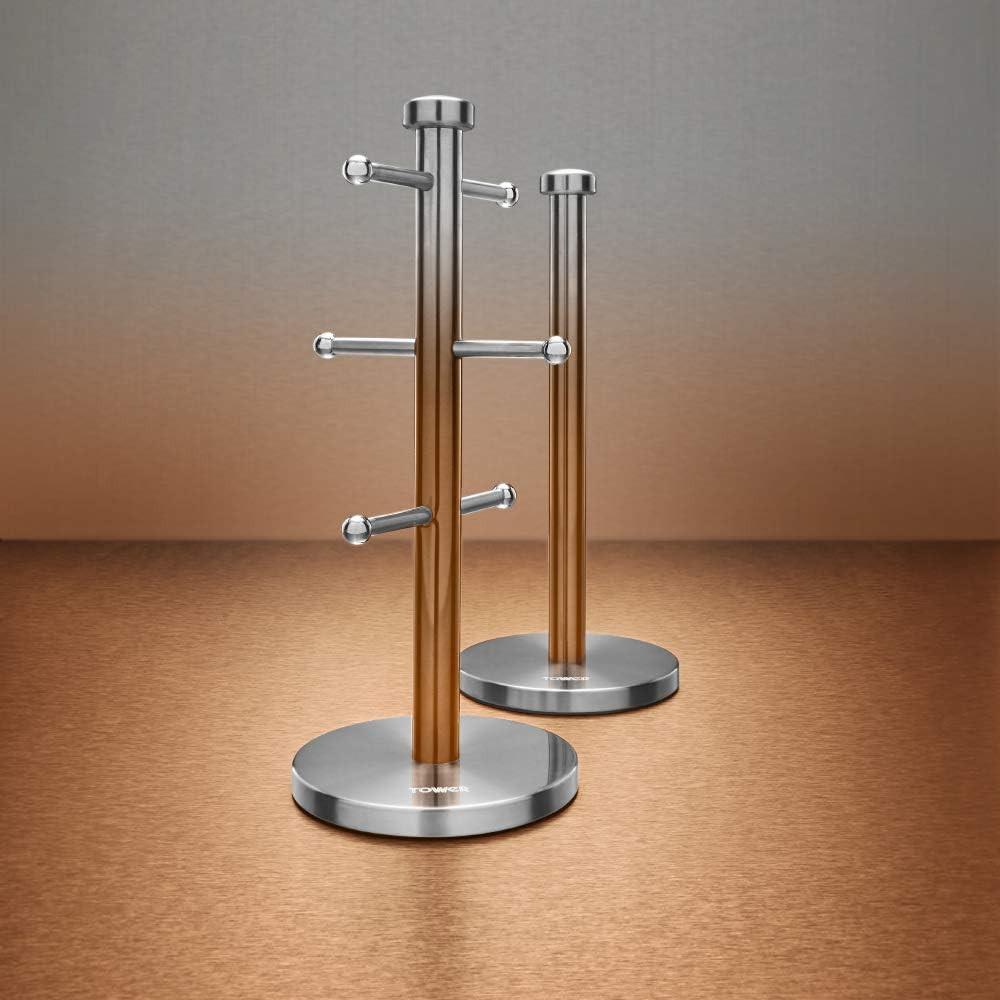 Freestanding copper mug tree and towel pole set with stainless posts and round bases