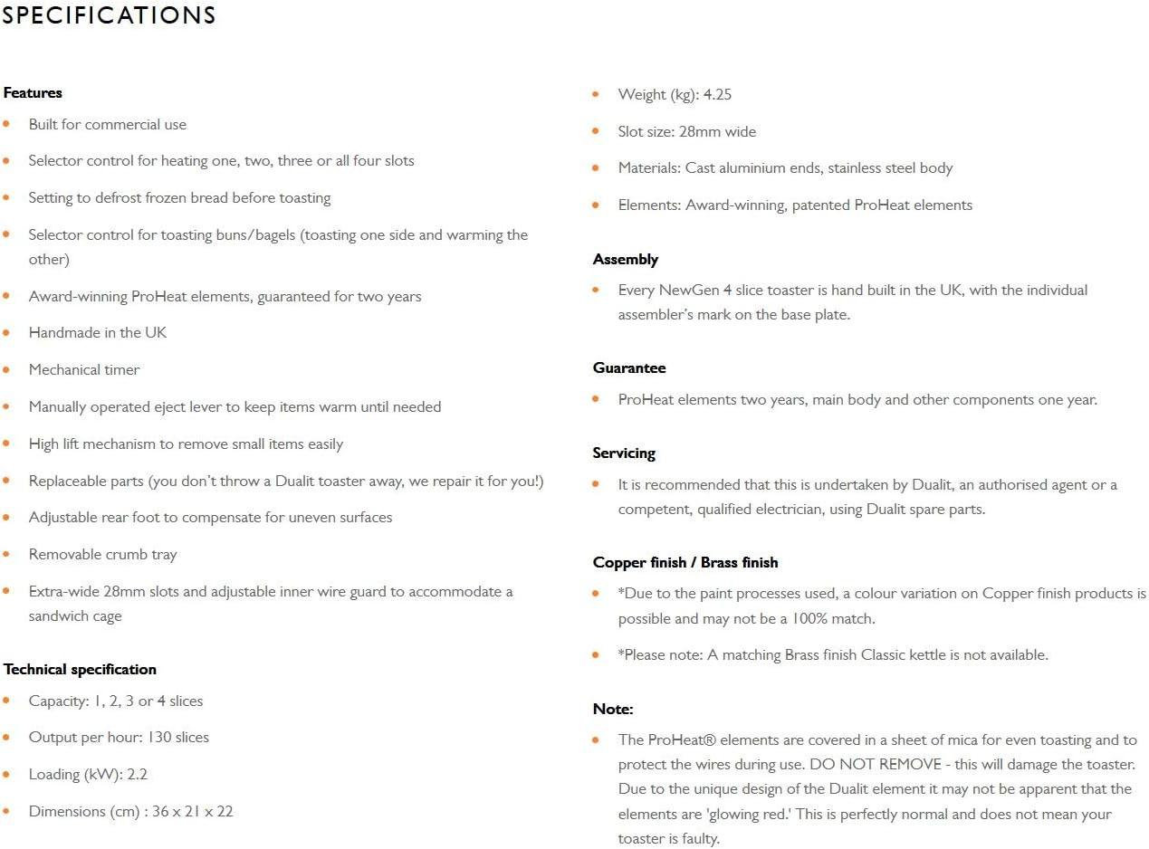 Dualit 4-slice toaster specifications chart