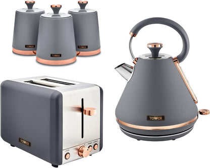 Tower Cavaletto Kettle, 2 Slice Toaster & Canisters Kitchen Set (Grey)