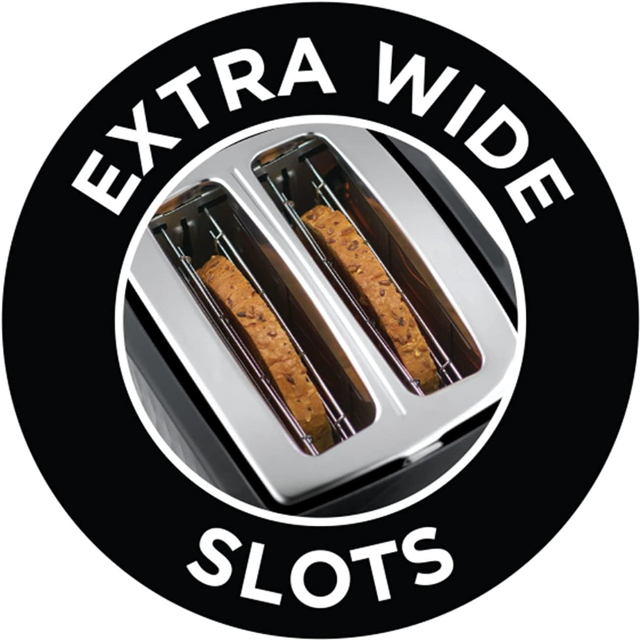 Black 2-slice toaster with wide slots for thicker bread slices