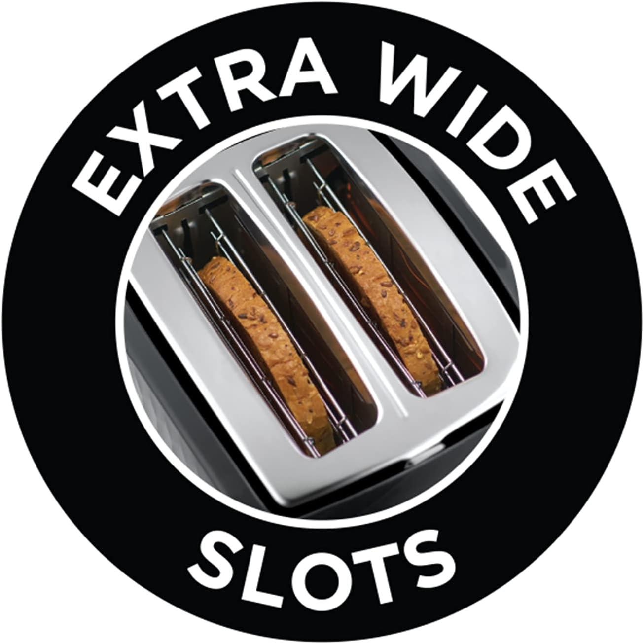 Black 2-slice toaster with wide slots for thicker bread slices