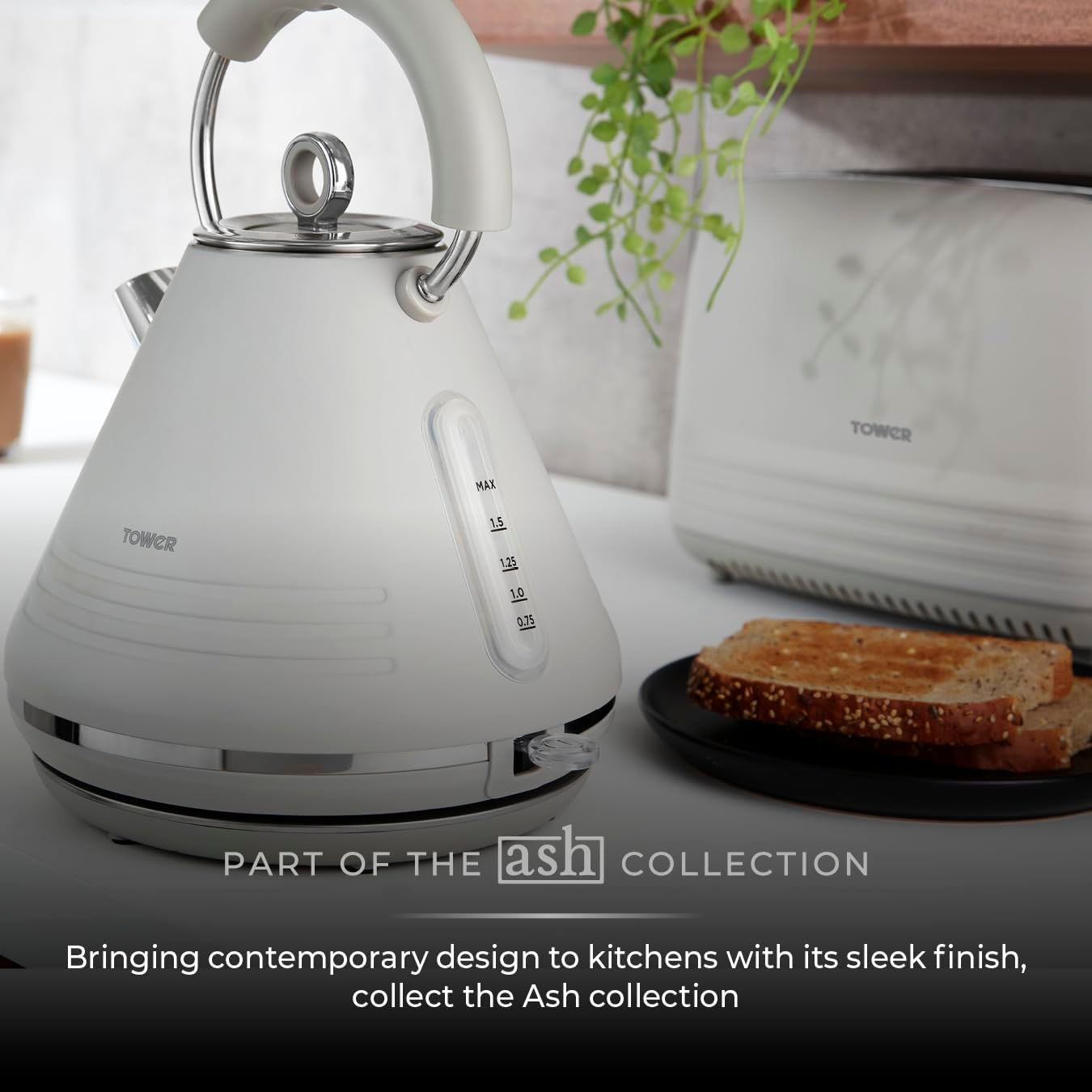 Tower Ash Kettle & 4 Slice Toaster Kitchen Set - Grey