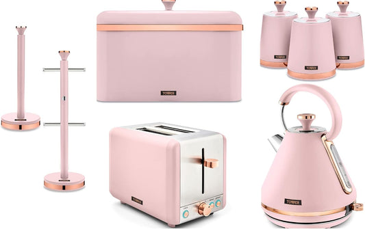 Tower Cavaletto Kettle, 2 Slice Toaster, Bread Bin, Canisters, Towel Pole & Mug Tree Kitchen Set (Pink)