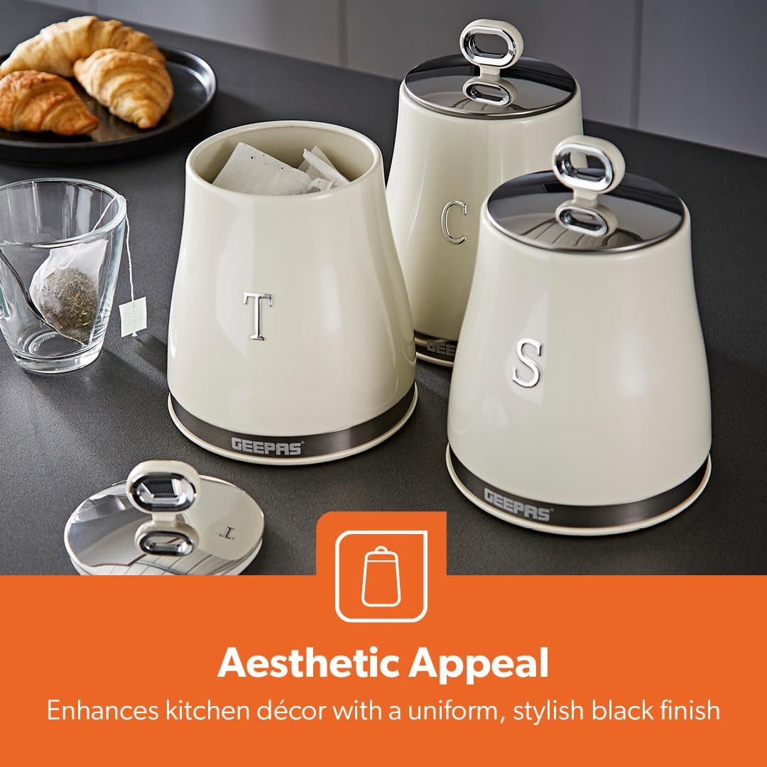 GEEPAS Retrovive Kettle, 4 Slice Toaster, Bread Bin & Canisters Kitchen Set (Cream)