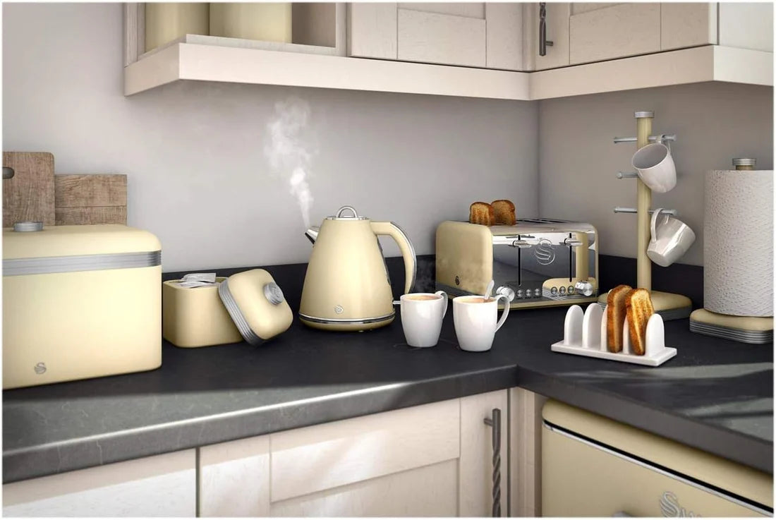 Swan Retro Kitchen Set Cream Kettle, Toaster, Bread Bin, Canisters, Towel Pole, Mug Tree