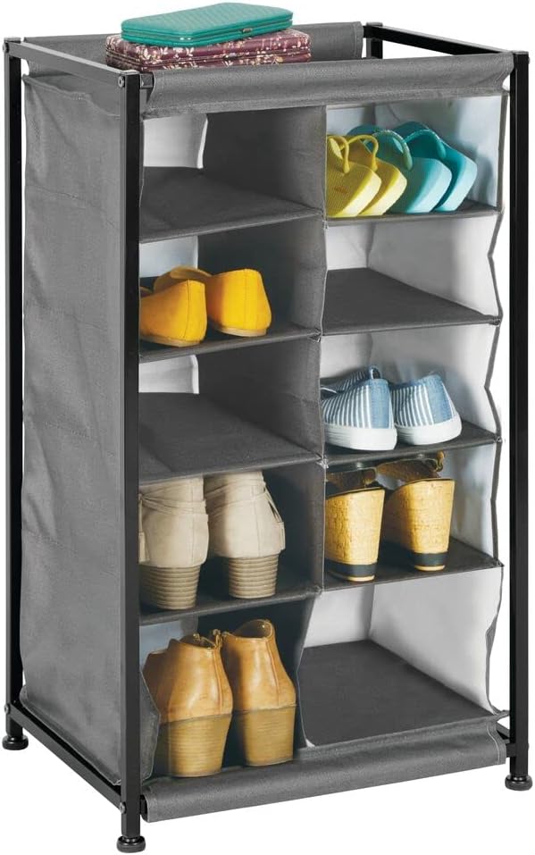 mDesign Shoe Rack – Practical Canvas Storage Cubes with Metal Frame for Hallway or Storeroom – Canvas Storage Unit with 10 Compartments – Charcoal Grey