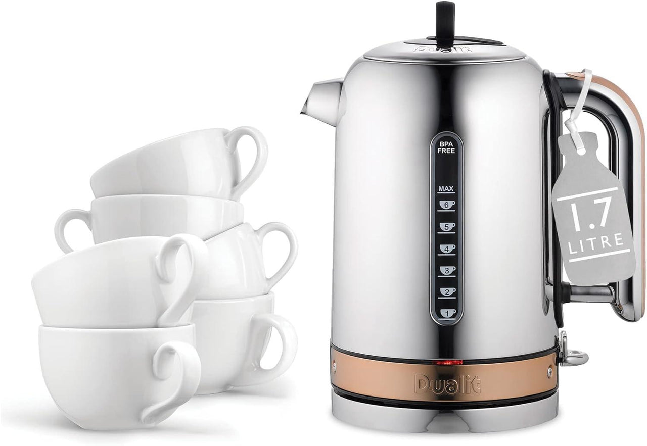 Stainless steel jug kettle with copper trim, black MAX indicator panel, and black lid
