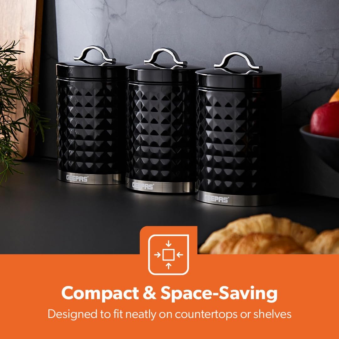 GEEPAS Argyle Tea, Coffee & Sugar Canisters Set GCS63085UK-BK (Black)