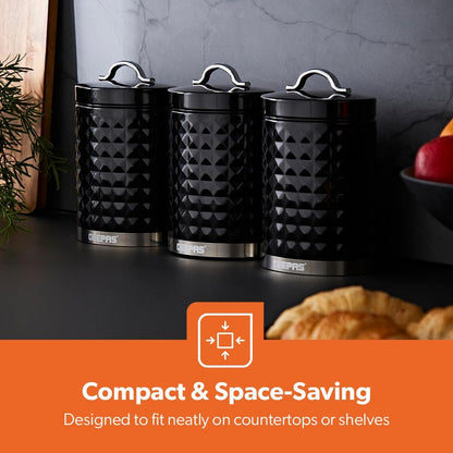 GEEPAS Argyle Tea, Coffee & Sugar Canisters Set GCS63085UK-BK (Black)