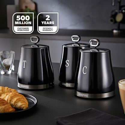 GEEPAS Retrovive Tea, Coffee & Sugar Canisters Set GCS63082UK-BK (Black)