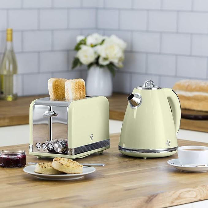 Swan Cream Beige Kettle and 2 Slice Toaster Set Matching Kitchen Retro