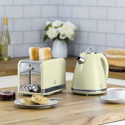 Swan Retro Kettle, 2 Slice Toaster, Bread Bin, Canisters, Mug Tree & Towel Pole Kitchen Set (Cream)