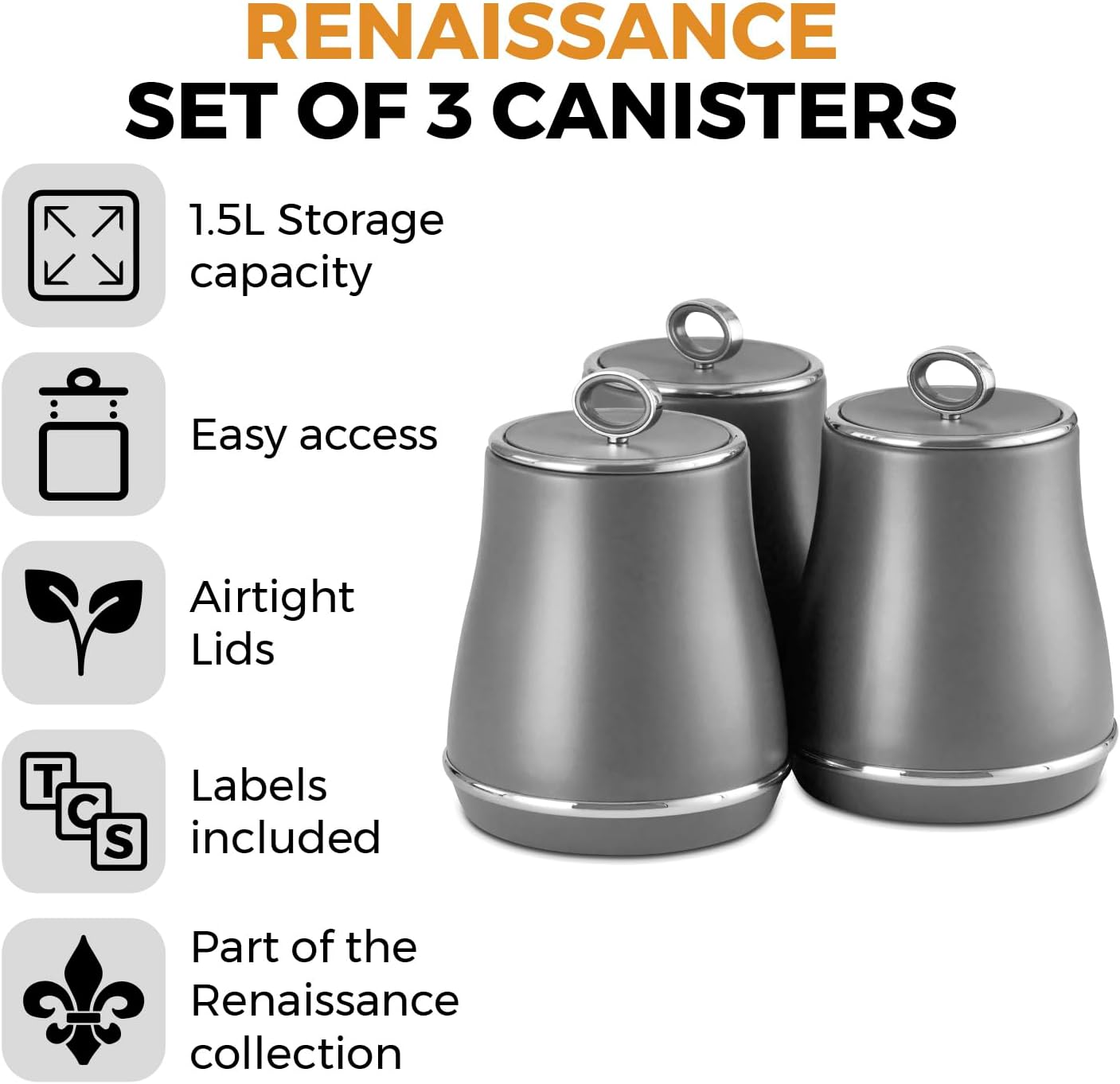 TOWER Renaissance Grey Tea, Coffee & Sugar Storage Canisters T826176GRY.