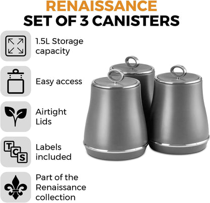 TOWER Renaissance Grey Tea, Coffee & Sugar Storage Canisters T826176GRY.