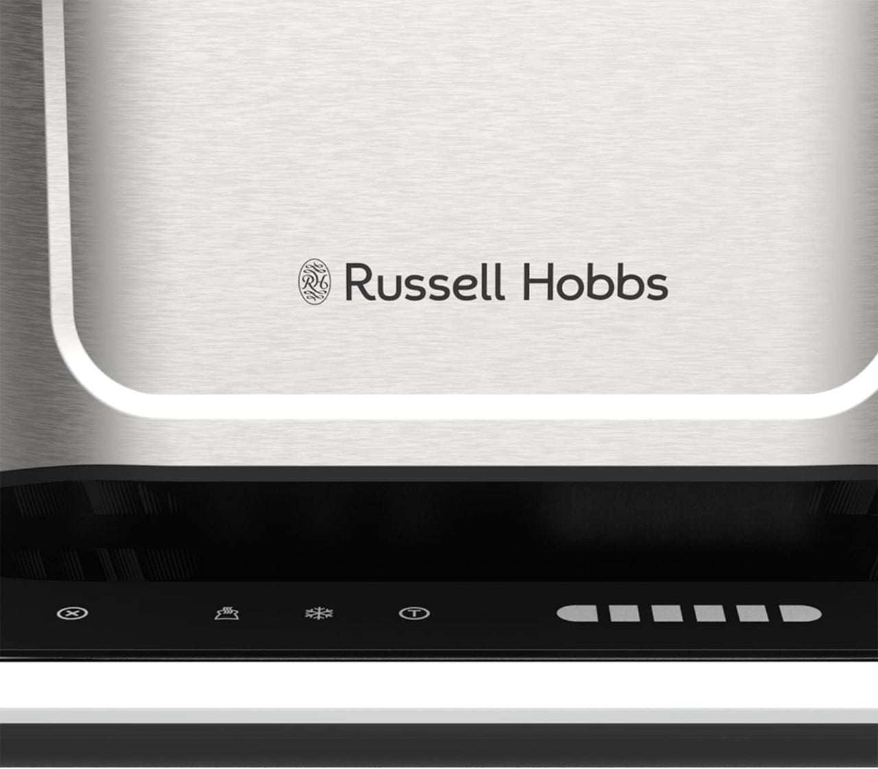 Russell Hobbs stainless steel 2-slice toaster front logo on brushed metal panel