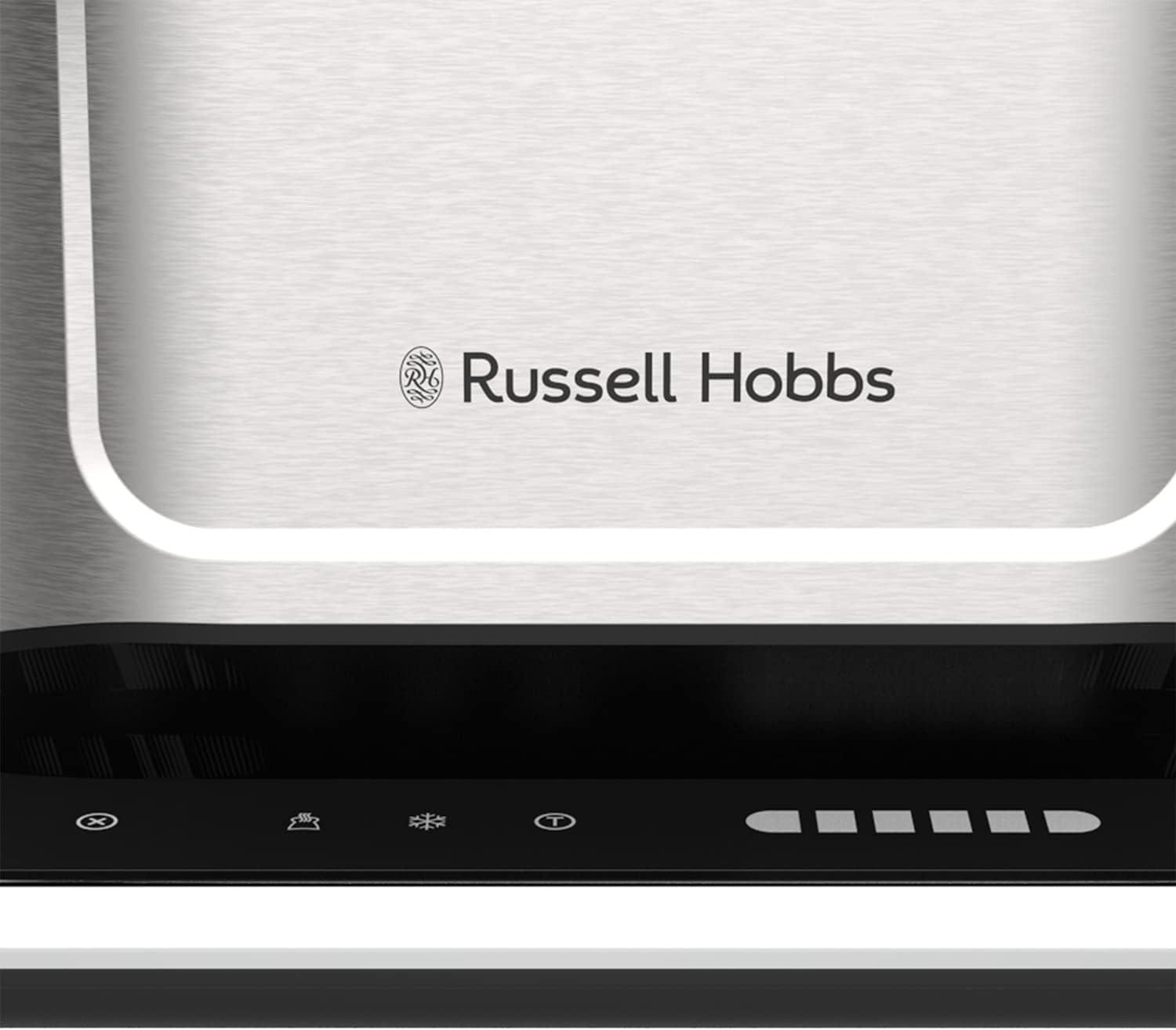 Russell Hobbs stainless steel 2-slice toaster front logo on brushed metal panel
