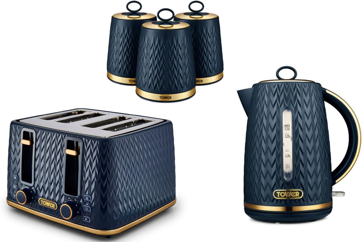 Tower Empire Kettle, 4 Slice Toaster & Canisters Kitchen Set (Midnight Blue)