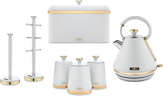 Tower Cavaletto Kettle, Bread Bin, Canisters, Mug Tree & Towel Pole Kitchen Set (White)