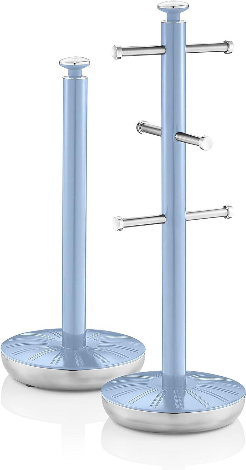 Blue retro towel pole and mug tree base with three horizontal mug arms