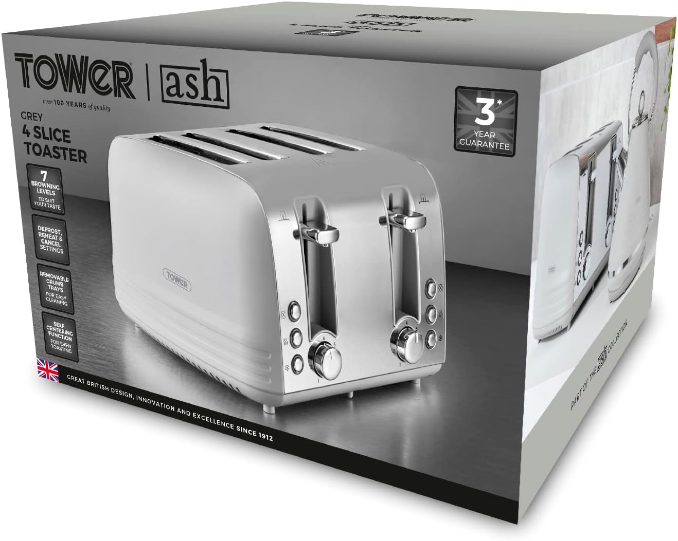 Tower Ash 4 Slice Toaster Stainless Steel T20081GRY (Grey)