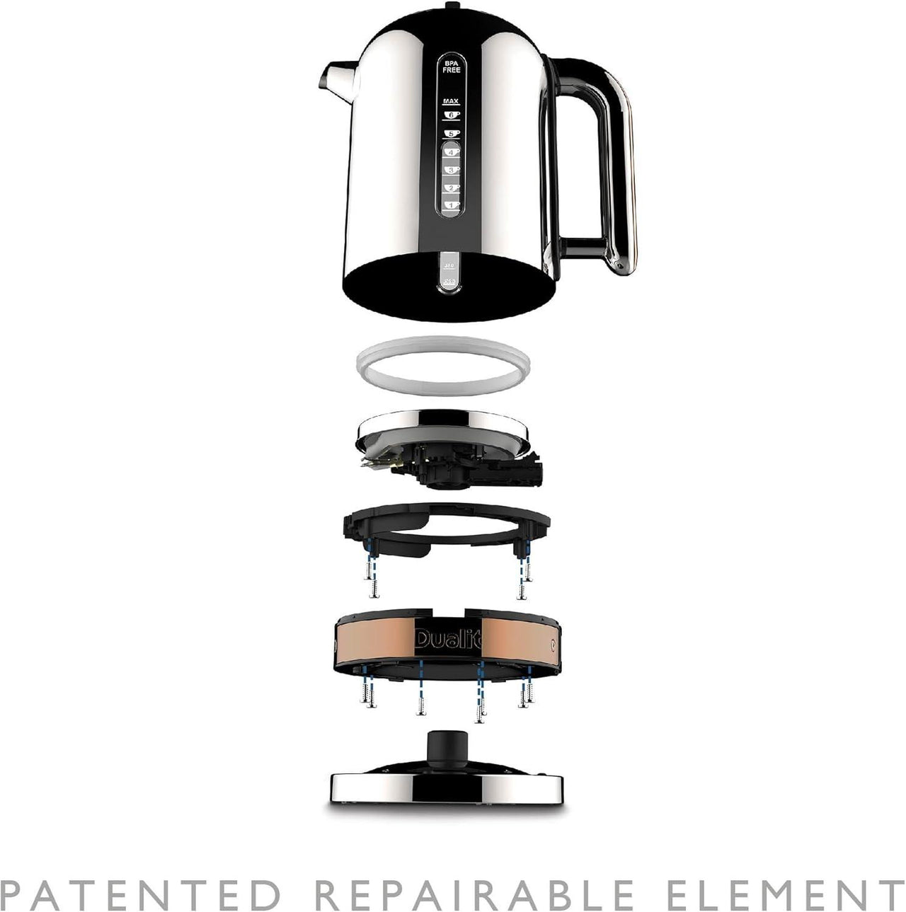 Dualit jug kettle parts diagram showing hinged lid and repairable base element