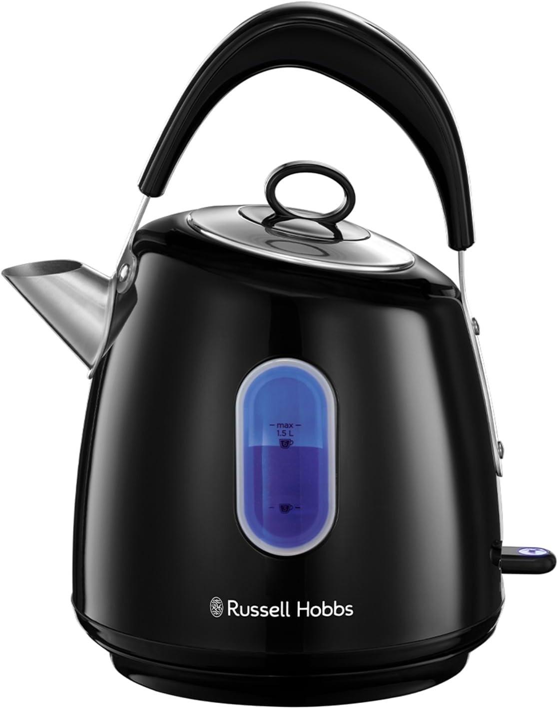 Black pyramid-style kettle with arched handle, spout, and blue water gauge