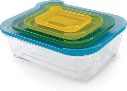 Joseph Joseph Nest Glass Set of 4 Food Storage Containers with lids, Stackable, Space Saving Design, Oven, Freezer, Microwave and Dishwasher safe