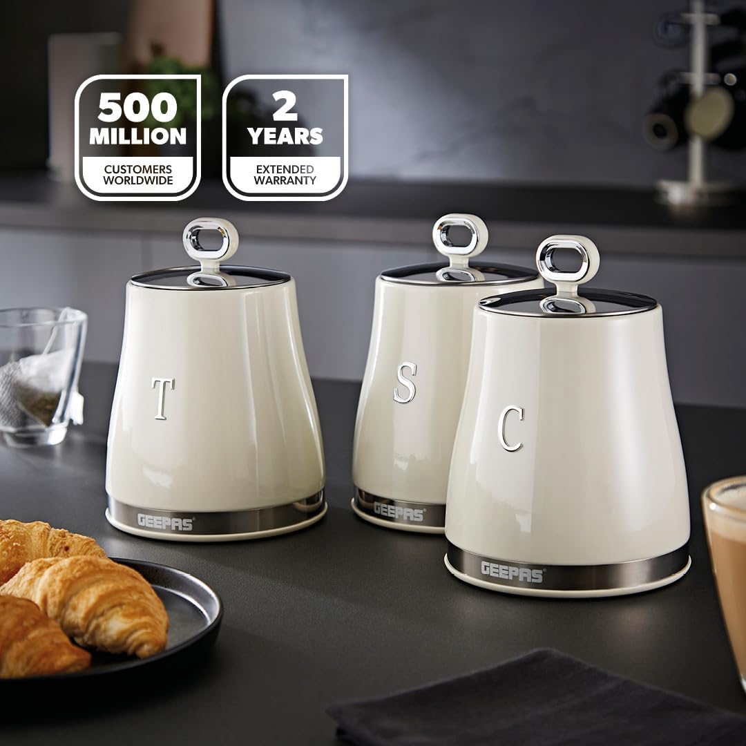 GEEPAS Retrovive Kettle, 4 Slice Toaster, Bread Bin & Canisters Kitchen Set (Cream)