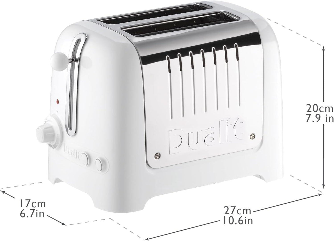 White 2-slice toaster with wide slots and chrome front panel
