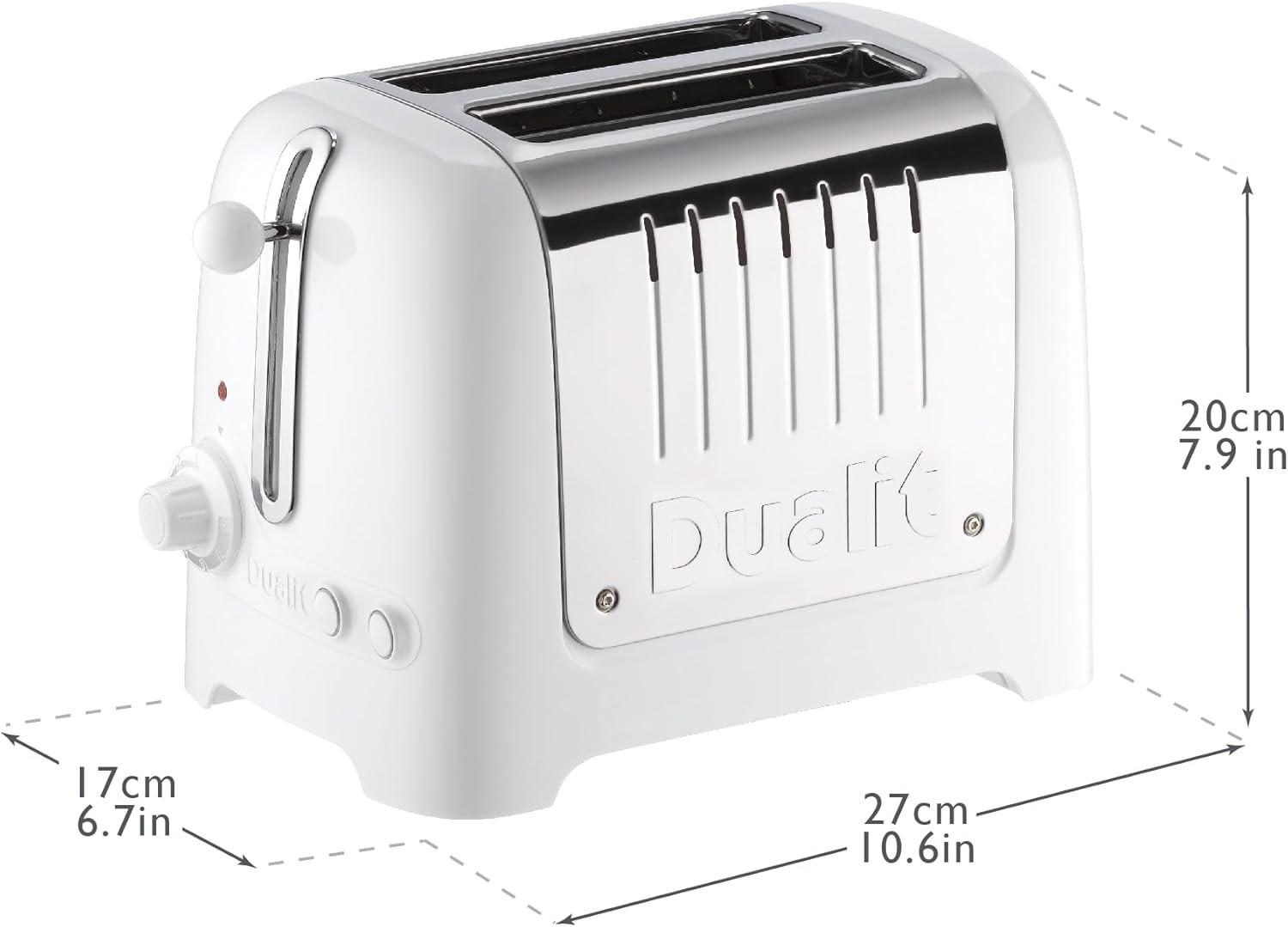 White 2-slice toaster with wide slots and chrome front panel