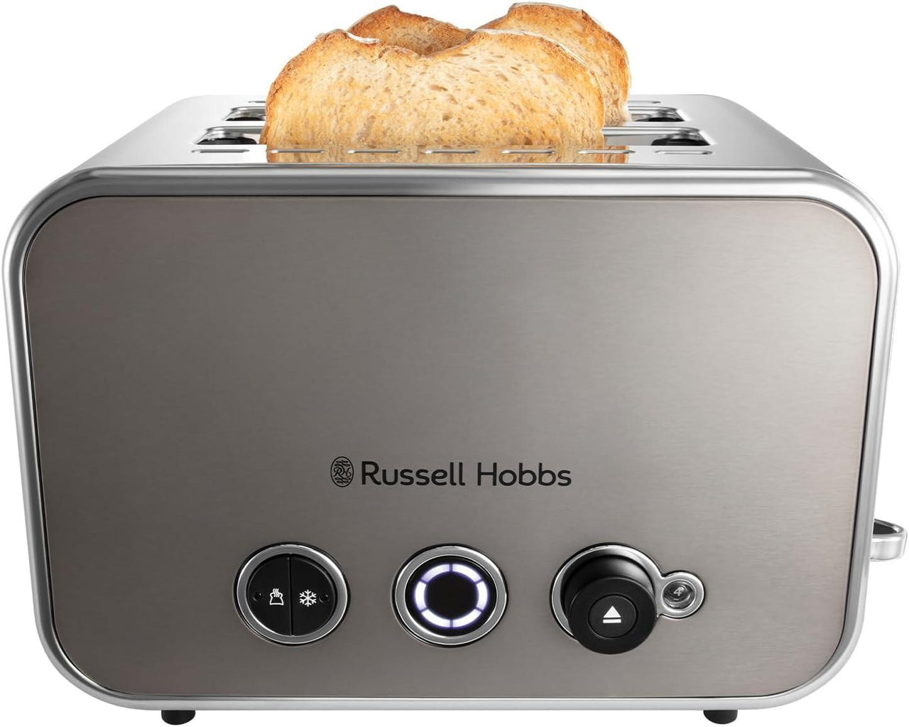 Russell Hobbs 2-slice toaster in titanium with black control buttons and lifted bread