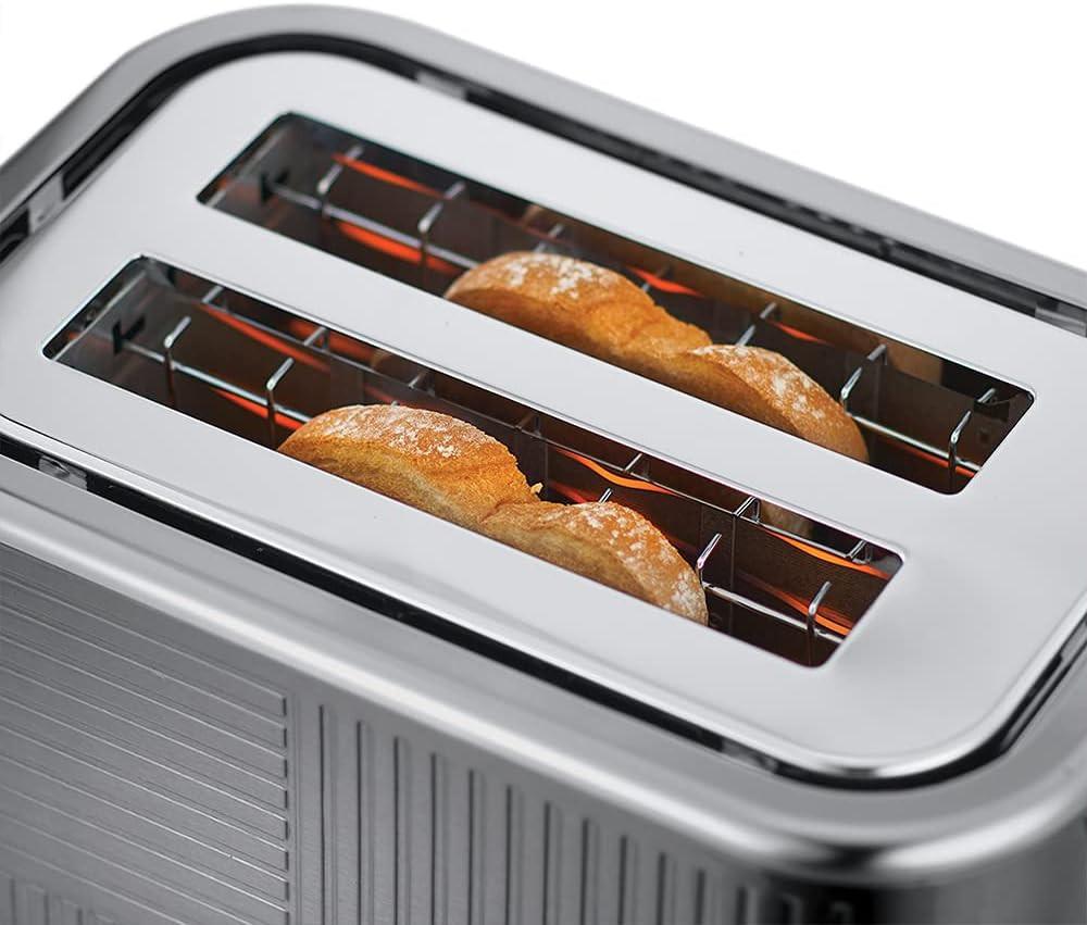 Grey 2-slice toaster with two bread slices inside, heating elements visible