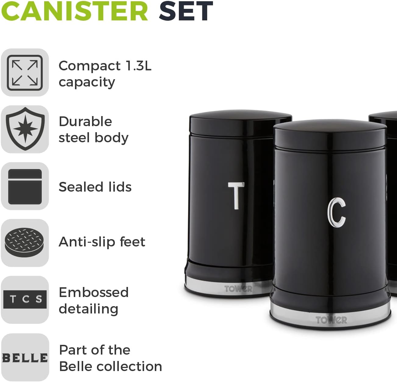 Tower Belle Black Canister Set Noir Steel Canisters T826171NOR