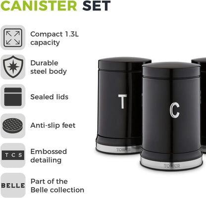 Tower Belle Black Kitchen Set - Kettle, Toaster, Bread Bin, Canisters, Towel Pole