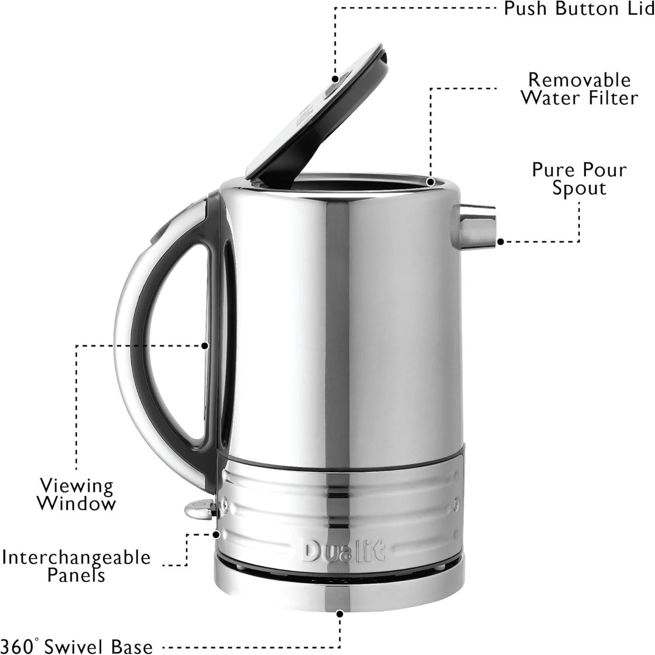 Electric jug kettle with push-button lid, viewing window, and removable water filter