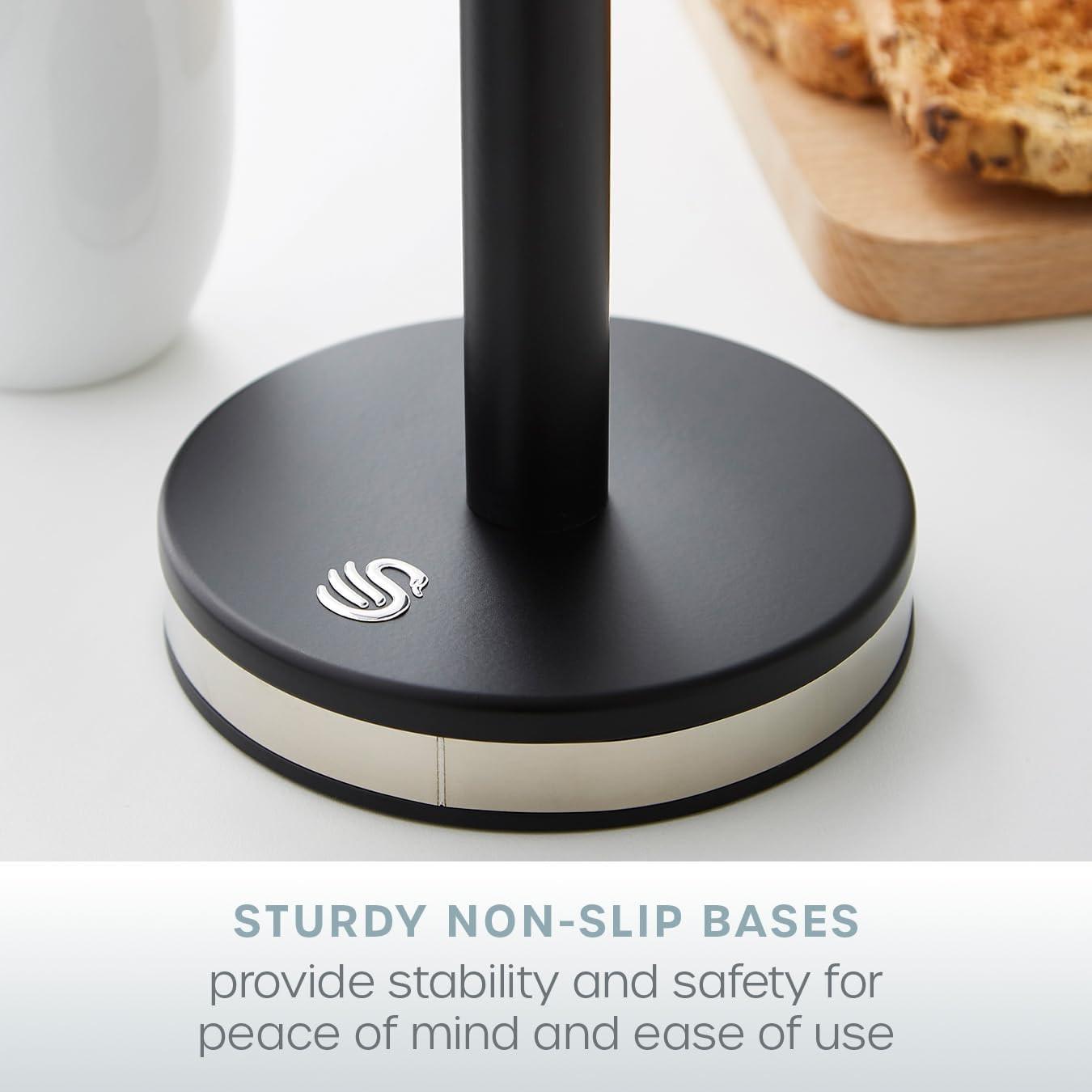 Black non-slip base with raised emblem on a towel pole stand