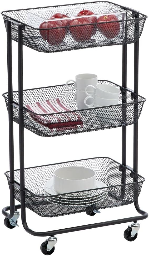 mDesign Rolling Utility Trolley – Compact Storage Shelf Unit with Wheels for The Whole Home – Practical Metal All-Purpose Shelving Trolley with 3 Tiers – Black