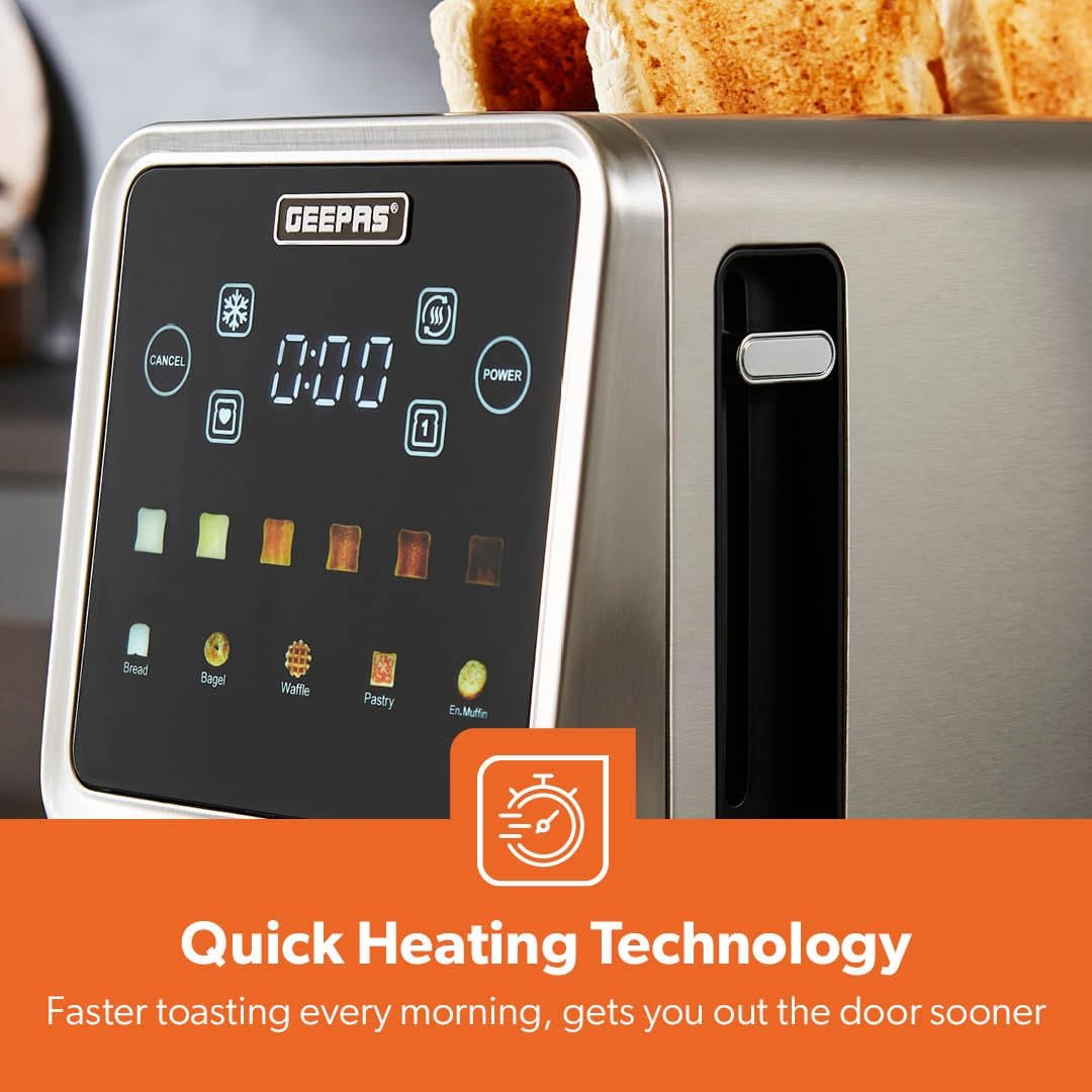 GEEPAS 5-in-1 Digital 4 Slice Long Slot Toaster GBT36566UK (Silver)