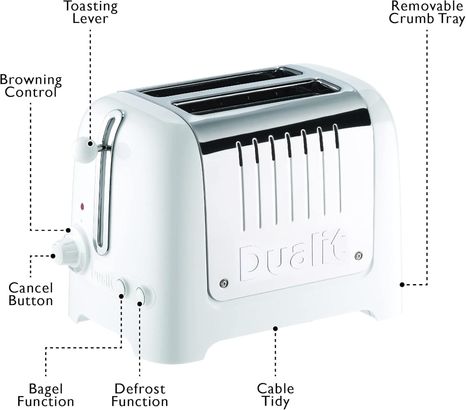 White 2-slice toaster with control buttons and toasting lever