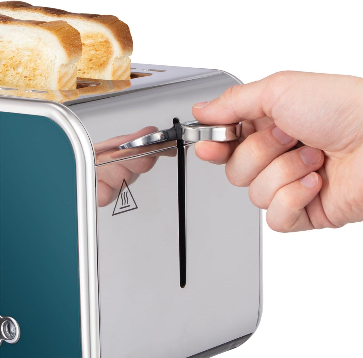 2-slice toaster lever and carry handle with stainless steel sides, ocean blue