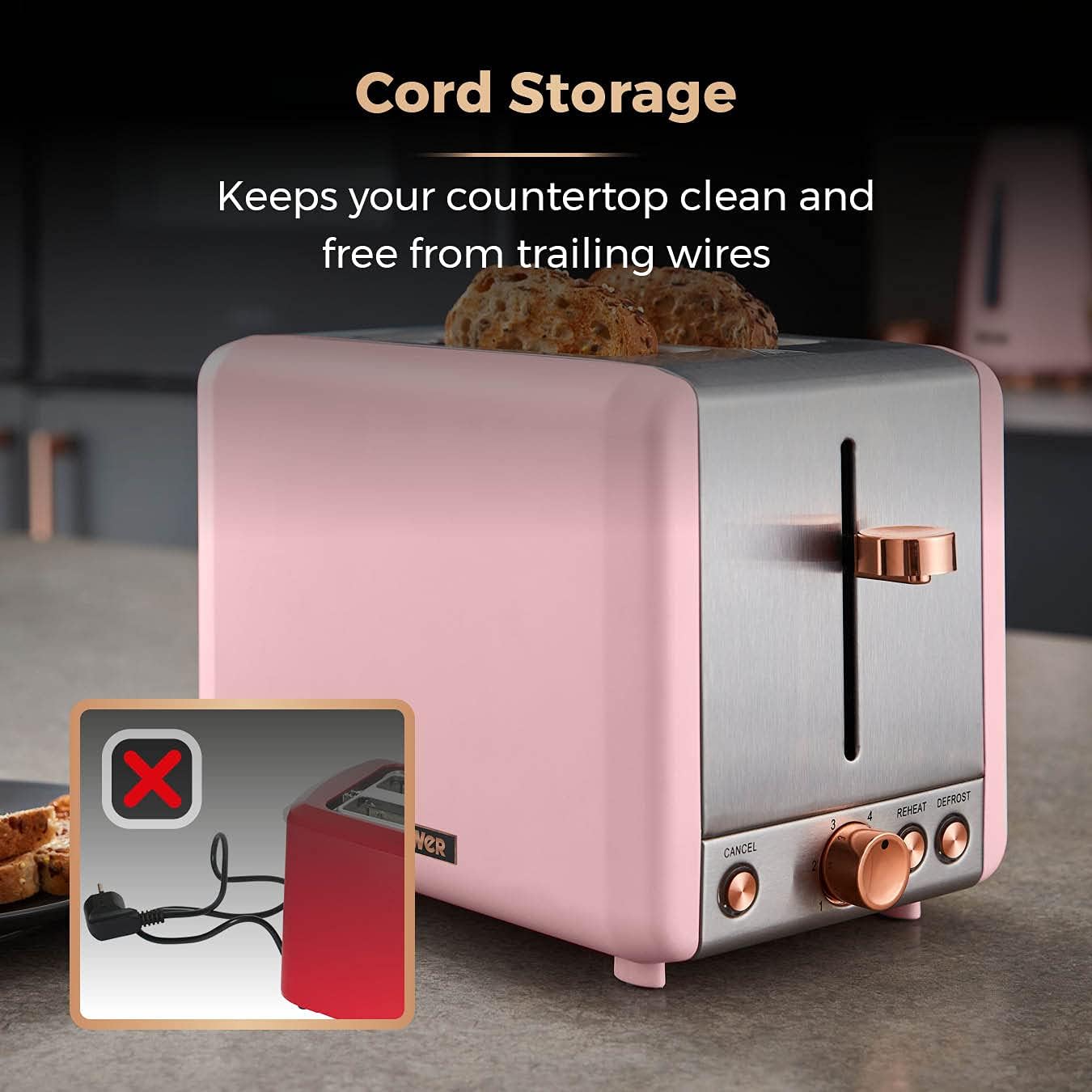 Tower Cavaletto 2 Slice Toaster Marshmallow Pink Rose Gold T20036PNK