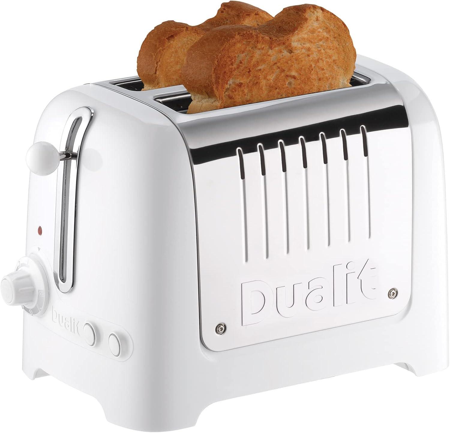 White Dualit Lite 2-slice toaster with bread in extra-wide slots, front view
