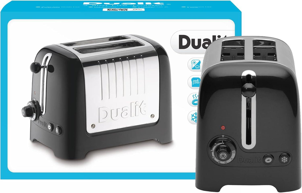 Black Dualit Lite 2-slice toaster shown from side with extra-wide slot openings