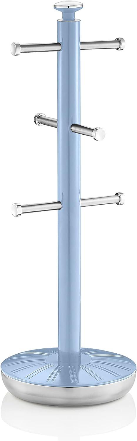 Blue mug tree towel pole with four horizontal arms and round base