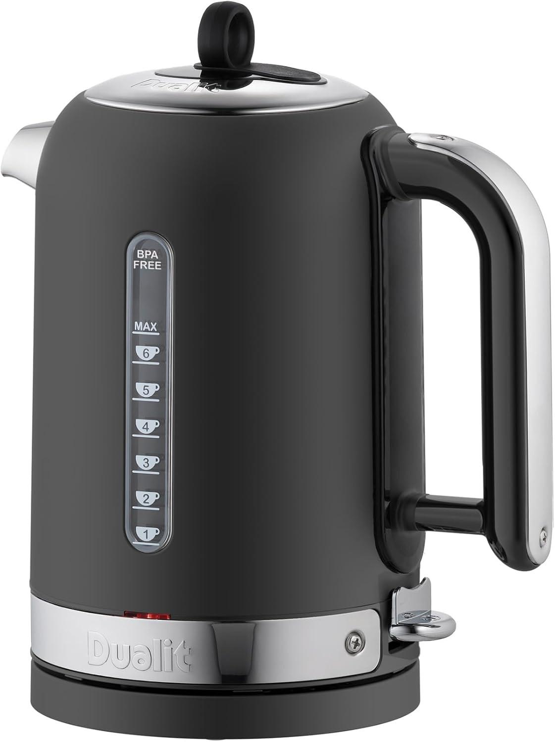 Matte black electric kettle with handle and water level indicator window