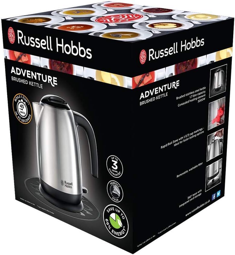 Russell Hobbs Stainless Steel & Black Electric 1.7L Cordless Kettle with black handle (Fast Boil 3KW, Removable washable anti-scale filter, Pull off lid, Perfect pour spout) 23911