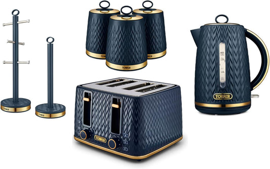 Tower Empire Kettle, 4 Slice Toaster, Canisters, Mug Tree & Towel Pole Kitchen Set (Midnight Blue)