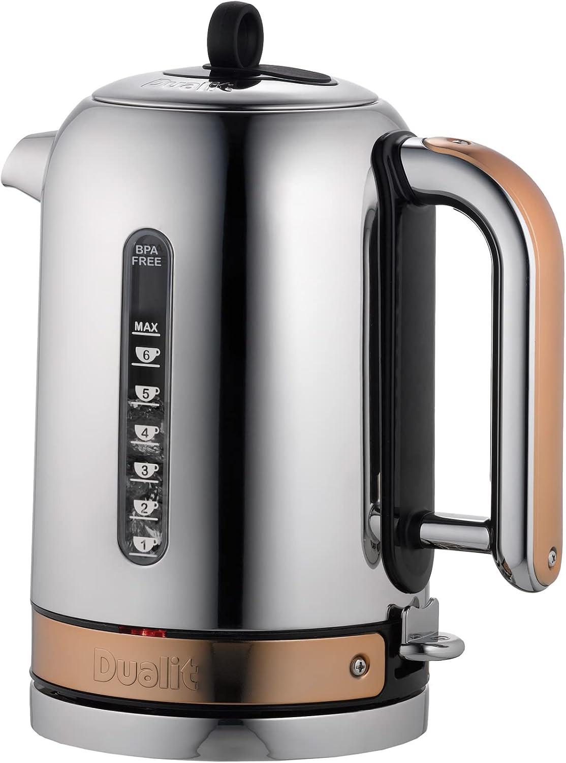 Stainless steel electric jug kettle with black handle grip, copper band, and BPA Free marking