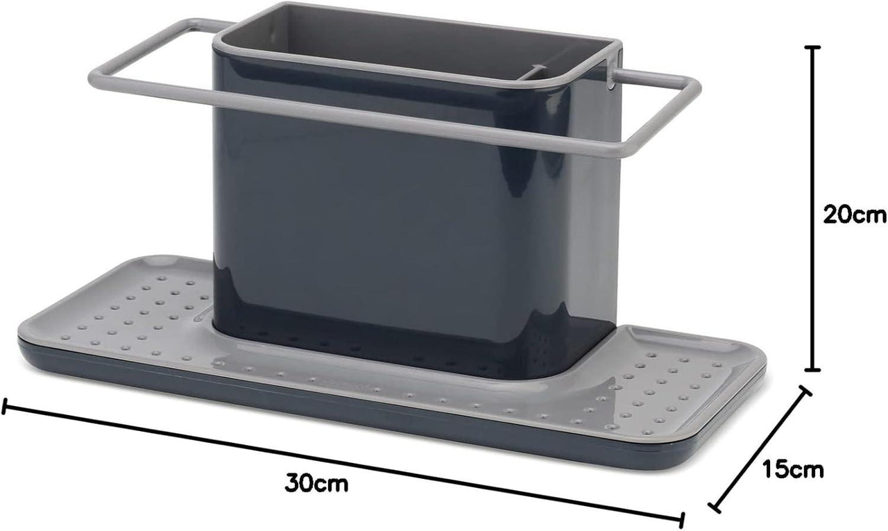 Grey XL kitchen sink caddy organizer with side handles on draining tray, dimensions shown